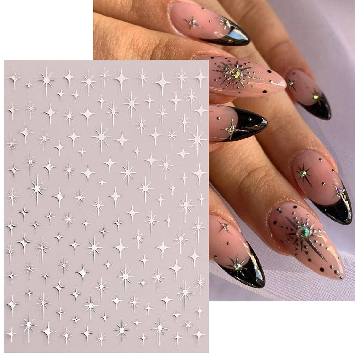 6Pcs Star Nail Sticker for Nail Art 3D Self-Adhesive Nail Decals French Cross Starlight Black White Gold Silver Design Pegatinas Uñas Slider Decal DIY Nail Tips Manicure Decor Supplies for Women