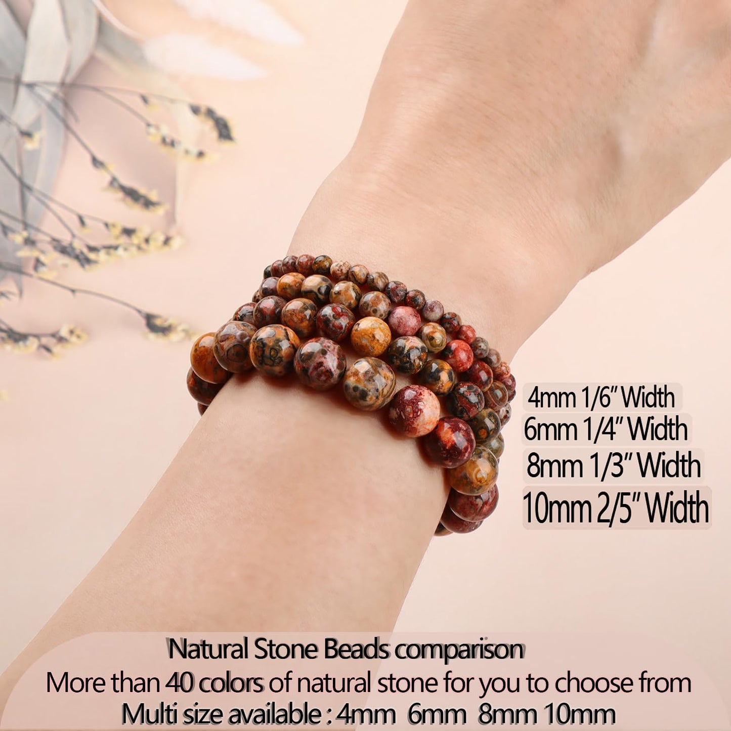 LPBeads Handmade Natural Gemstone Stretch Elastic 4mm Leopard Jasper Bracelet Healing Crystal Round Stone Beads Jewelry Gifts for Women Men