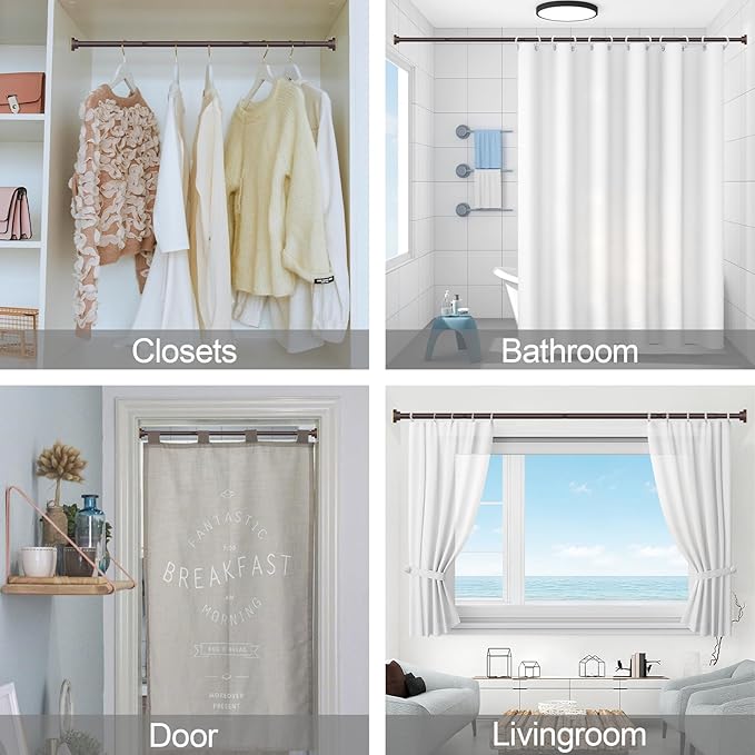 Thestoa Brown Shower Curtain Rod Adjustable 43-92 inch, 1"Diameter Spring Tension Curtain Rod No Drill, Anti-Rust Non-Slip Shower Rod for Bathroom Tension Rod