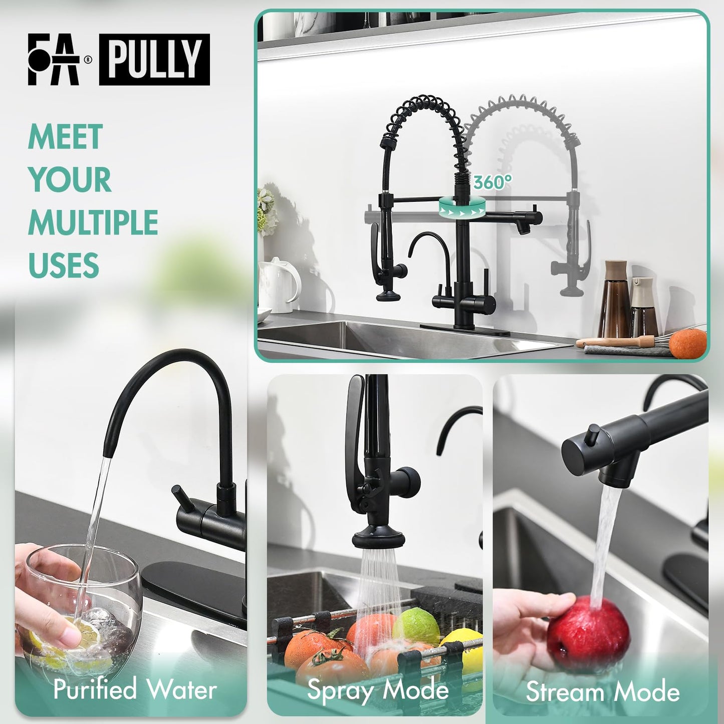Fapully Commercial Kitchen Faucet with Pull Down Sprayer and Water Filter, Matte Black 3 in 1 Kitchen Faucets with Drinking Water Faucet