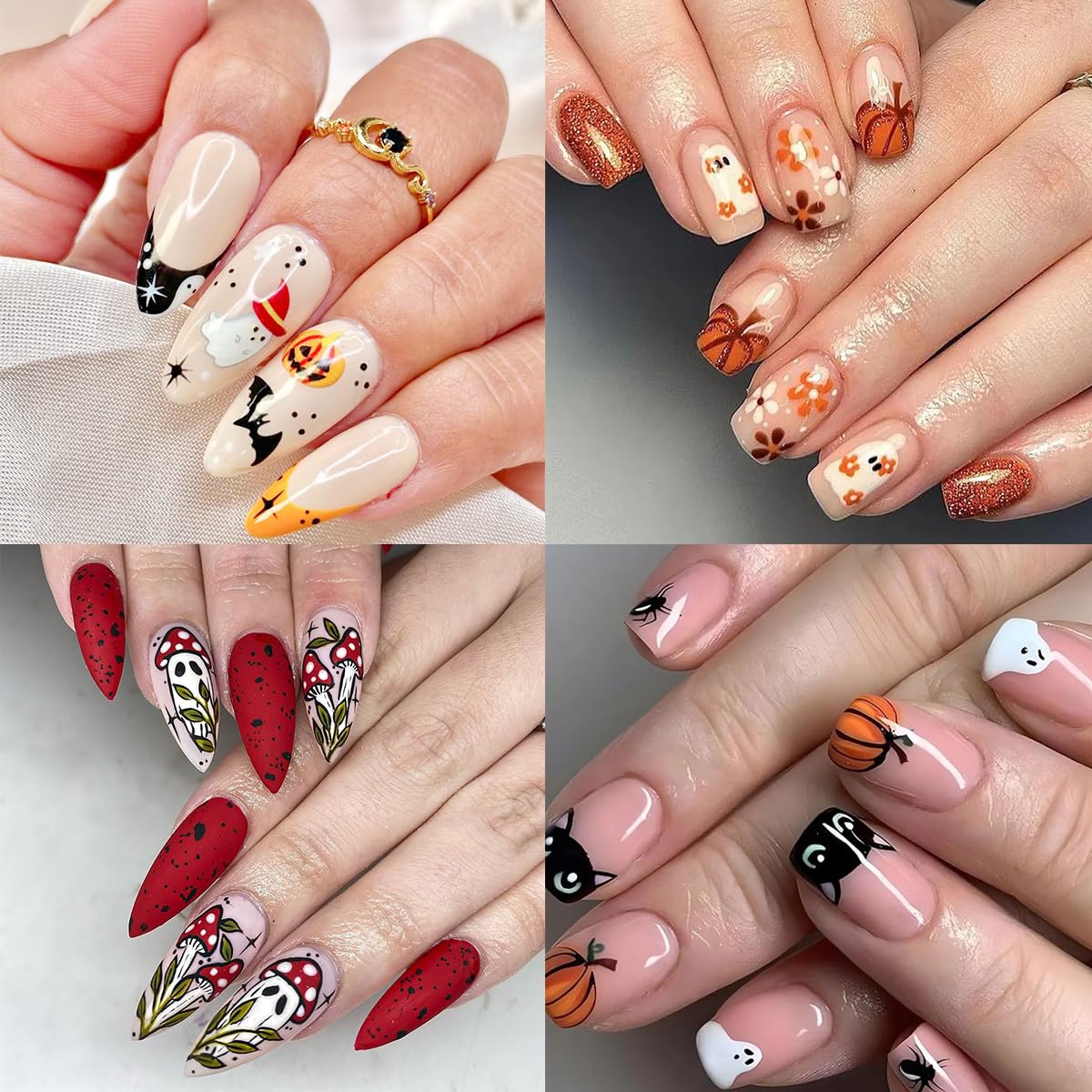 8 Sheets Halloween Nail Stickers 3D Self-Adhesive Horror Mushroom Nail Art Stickers Cat Flower Spider Pumpkin Nail Design Cute Ghost with French Tip Gothic Nail Decals for Women Manicure Salon