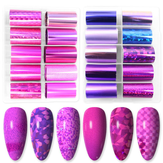 DANNEASY 20 Roll Iridescent Nail Foil Transfer Holographic Nail Foils Sheets Rose Neon Nail Stickers Starry Sky Metallic Nail Art Foil Cellophane Glitter Nails Design 3D Nail Decoration
