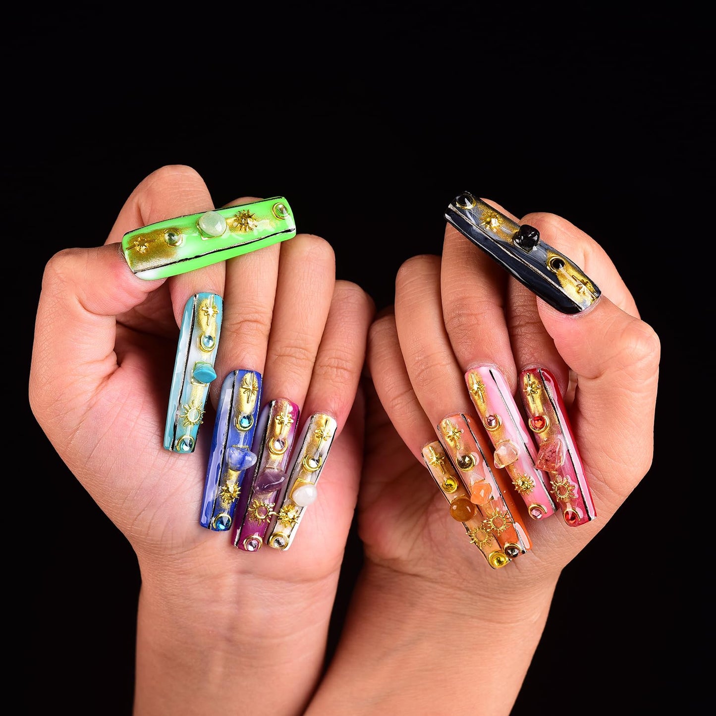 Tmani 10pc/set Long Handmade Press On Nail Hot Girl's Long Nails Ten Kinds of Natural Crystal Stone Decoration Fake Nails Suitable For Girls Festival Parties and Birthday Gift(444,L)