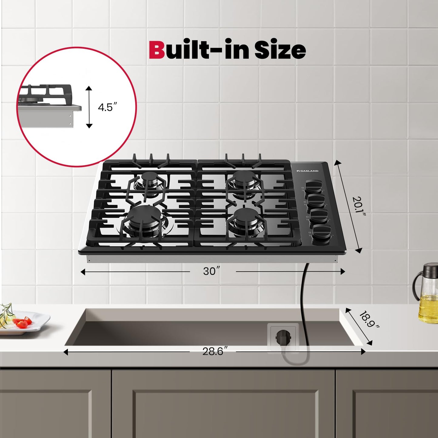 GASLAND 30 Inch Gas Cooktop Black, 4 Sabaf Sealed Burner Gas Stovetop, 4 ft Cord Plug, Cast Iron Grates with Metal Knobs, 28,300 BTU NG/LPG Convertible, Thermocouple Protection, CSA Certified
