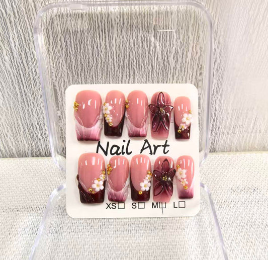Handmade Press on Nails Medium Square Fake Nails Red French Tip with 3D Flower Designs luxury Pearl Charm Glossy Cute Acrylic Nails for Women 10pcs (Size M）