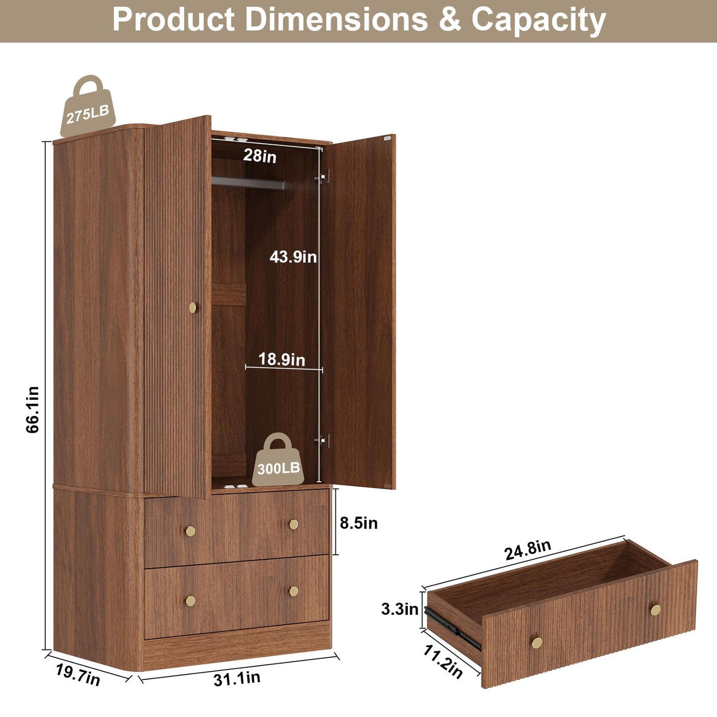 EVLIQUIL Mid-Century Modern Bedroom Armoires Wardrobe - 66" Clothing Storage Organizer with 2 Spacious Drawers & Hanging Rod, Freestanding Space-Saving Walnut Finish, Walnut