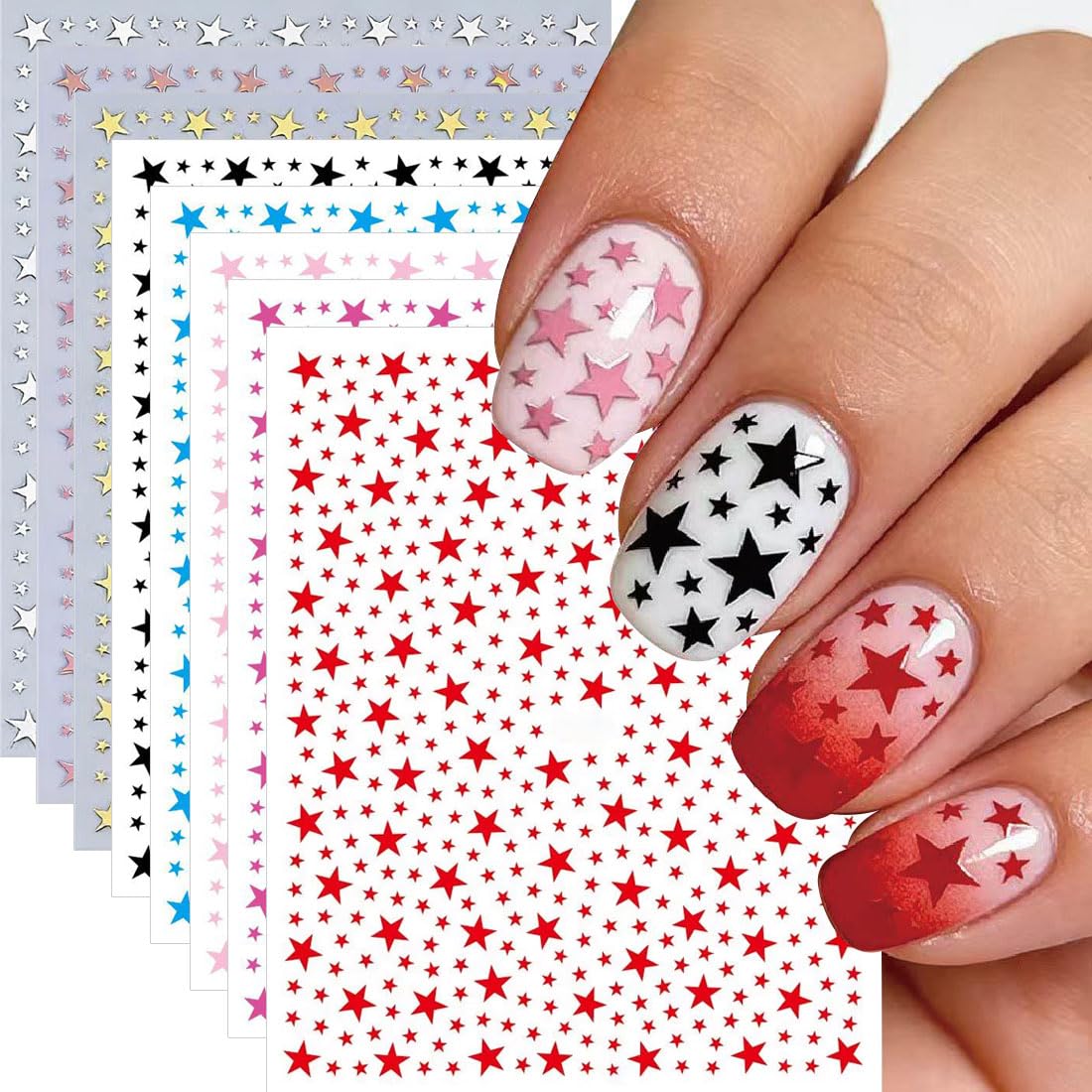 4th of July Nail Art Stickers Red Blue White Star Nail Stickers Independence Day Patriotic Nail Decals 8Pcs Nail Art Supplies for Women DIY Manicure Nail Decoration