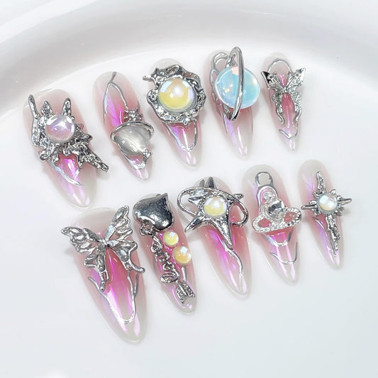 Handmade Press on Nails Long Luxury Reusable Almond Fake Nails with Metallic Butterfly Design 3D Luxury Pink Ombre Acrylic Nails Press Ons Y2k False Nails for Women DIY 10Pcs(Size M)