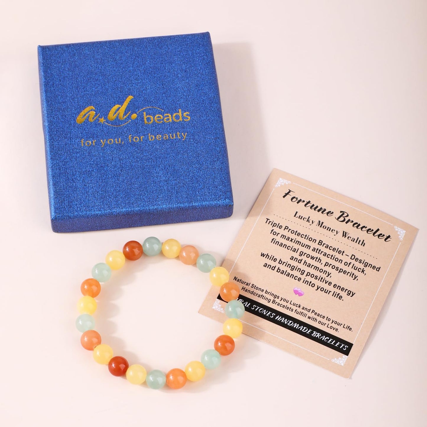 AD Beads 4mm Handmade Fortune Bracelet Elastic Bracelet – Natural Gemstone for Lucky Money Wealth – Meditation, Yoga, Healing and Energy Gift for Men Women