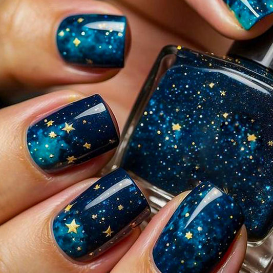 Starry Sky Press on Nails Short Square Dark Blue Fake Nails with Stars Design Reusable Artificial Nails Coffin Shape False Nails Full Cover Glossy Acrylic Nails for Women Manicure 24PCS