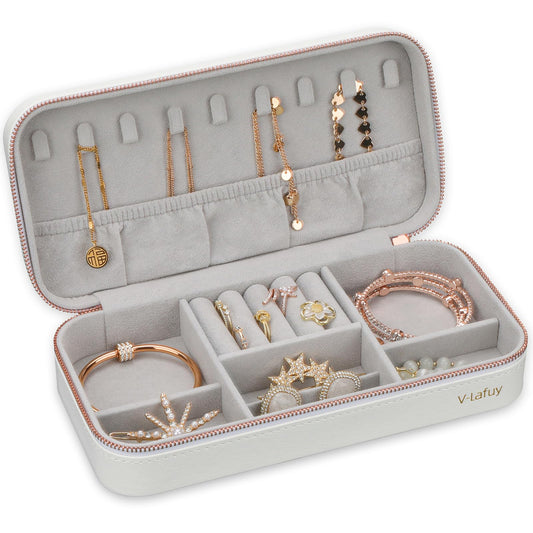 V-LAFUY Jewelry Box Small Jewelry Boxes, PU Leather Portable Travel Jewelry Case, Large Capacity for Rings Earrings Necklaces Bracelets Watch, White C