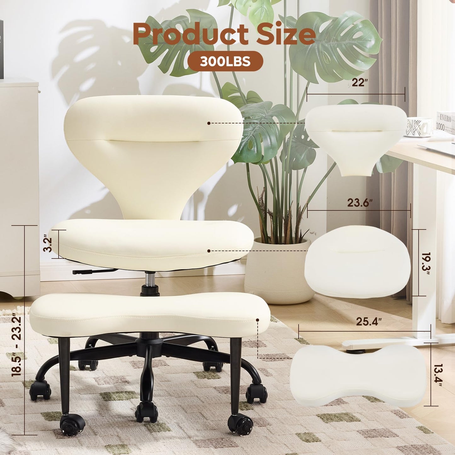 YFO Ergonomic Cross Legged Office Chair and ADHD Meditation Chair with Silent Wheels for Home Office Desk Chair and Yoga, Wider Backrest Support and Storage Pockets Design, PU Leather, Cream