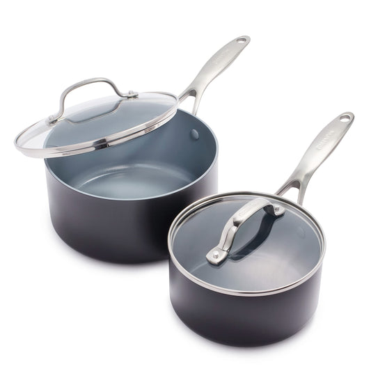 GreenPan Valencia Pro Ceramic Nonstick 1.66QT & 3.3QT Saucepan Pots with Lids Set, Hard Anodized PFAS-Free Cookware, Induction Ready & All Cooktops, Soup & Sauce, Dishwasher & Oven Safe to 600F, Gray