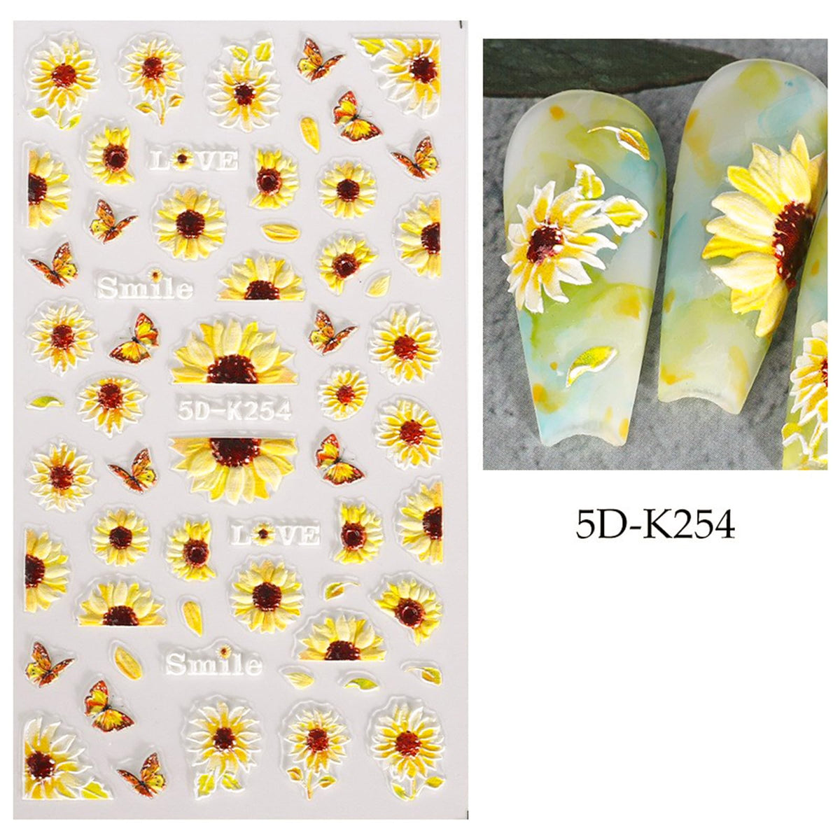 5D Embossed Sunflower Nail Art Stickers Self-Adhesive Flower Nail Decals Engraved Floral Summer Nail Sticker Acrylic Nail Art for Women Girls Manicure Decoration 4 Sheets
