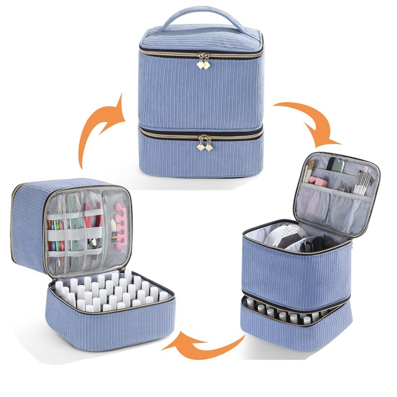 CTWWFS Corduroy Nail Polish Organizer and Nail Lamp Case, Nail Kit Organizer Holds 30 Bottles (15ml - 0.5 fl.oz) and a Nail Lamp, Nail Polish Carrying Case with Manicure Tools Storage Sections (Blue)