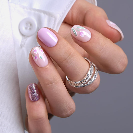 CurvLife Soft Gel Square Press On Nails Extra Short, Long-Lasting Oval Reusable Fake Nails Kit with Glue & Tabs, 30pcs Salon-Quality Stick On Nails for Women At-Home Manicure (Tulip Whisper)