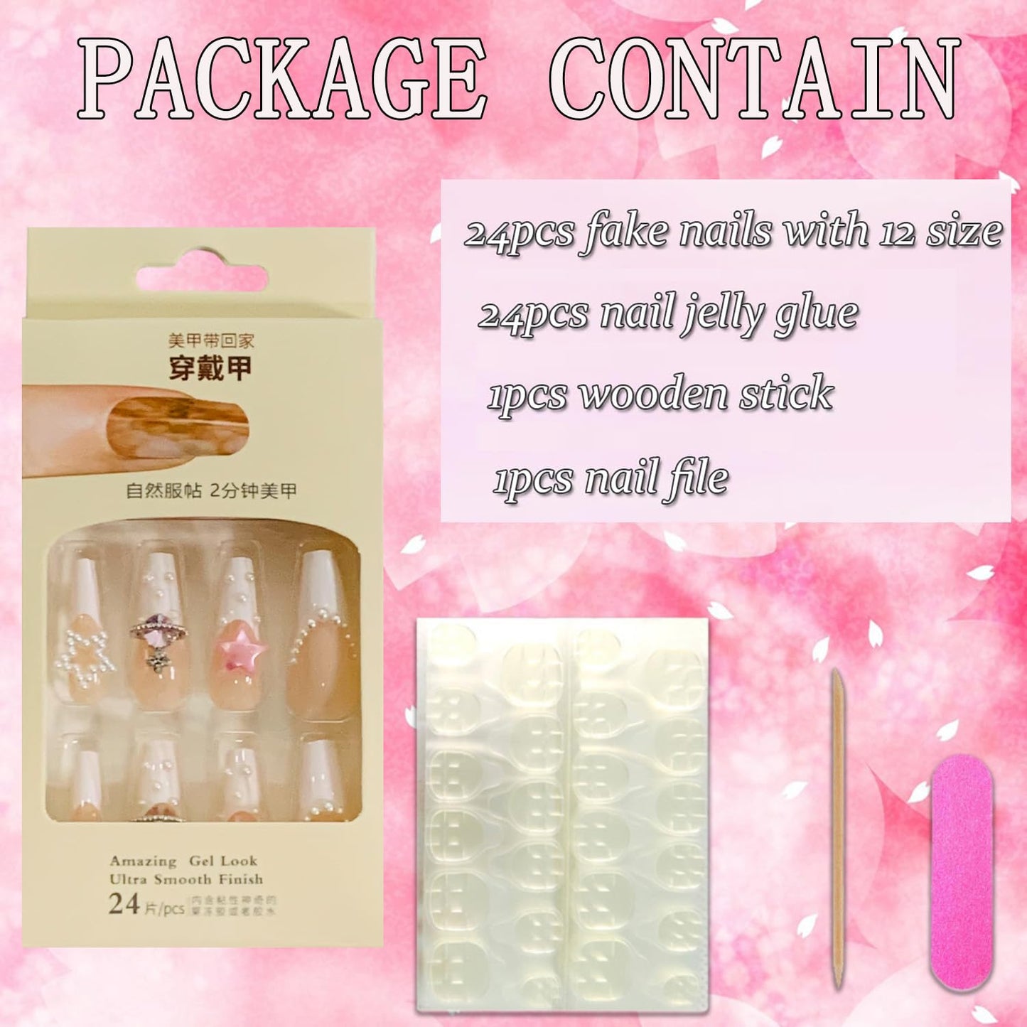 Vezocim Press on Nails Coffin Long French Tips Glossy Full Cover Acrylic Square Rhinestone Fake Nails with Star Gems Designs Extra Long False Nails Glue Stick on Fingernails with Charm for Women