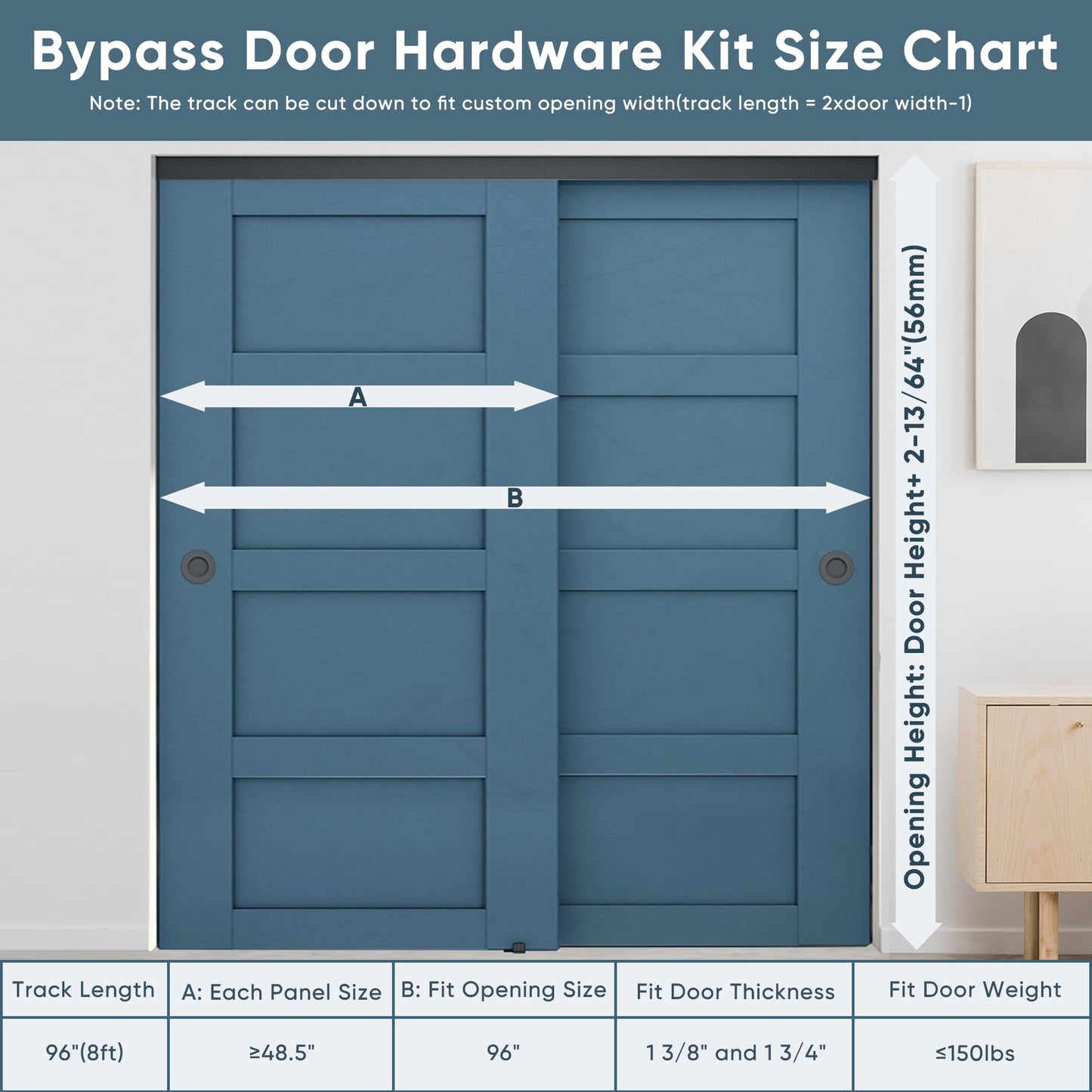 JUBEST 8FT Heavy Duty Bypass Door Hardware with Finger Pulls,Sturdy Aluminum Sliding Closet Door Track for 2 door System,Quietly and Smoothly,Fit Door Thickness 1 3/8" or 1 3/4",Easy to Install, Black