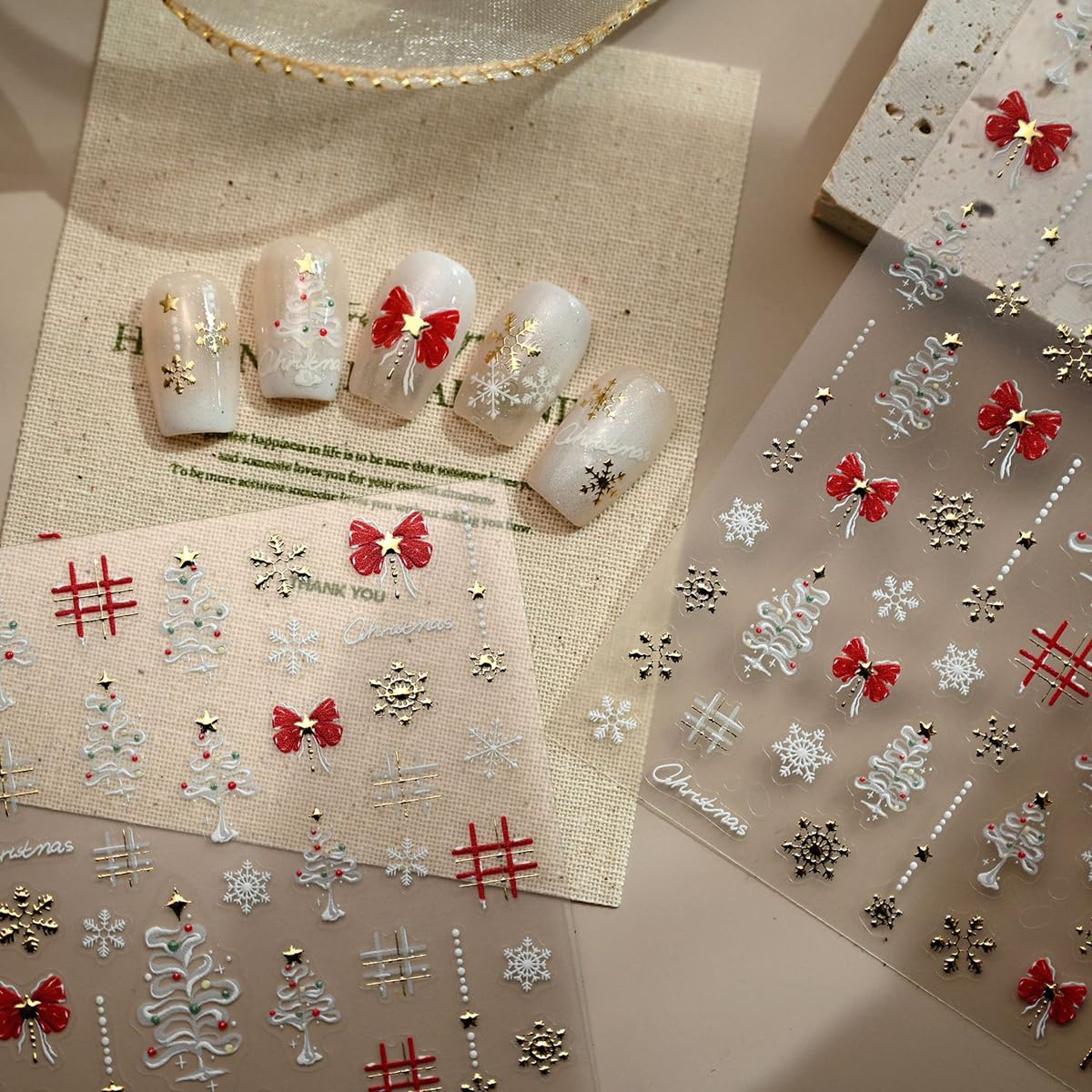 Christmas Nail Art Stickers Red Bow Nail Stickers 5D Embossed Gold Snowflake Nail Decals Christmas Tree Self Adhesive Nail Art Supplies for Women Girls DIY Nail Art Decorations 1 Sheet