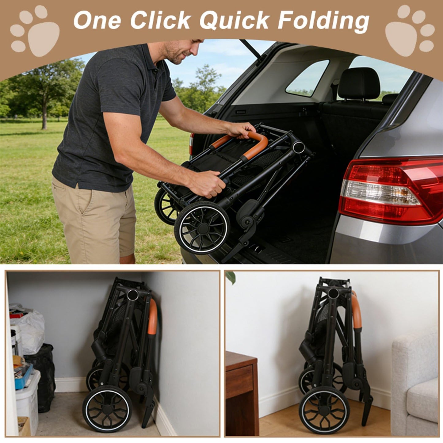 Pet Stroller for Small Dogs and Cats, Detachable Dog Cat Stroller with All-Terrain Shock Absorbing Wheels, One-Click Foldable Design, Adjustable Canopy (Khaki)