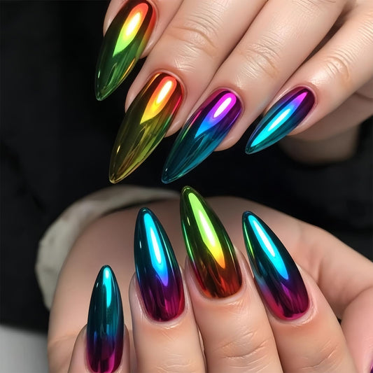 SINHOT Stiletto Press on Nails - Long Fake Nails, Glossy Finish, Colorful Chrome & Metallic, DIY Artificial False Nail Art - 24 Pcs Nail Kit with Glue