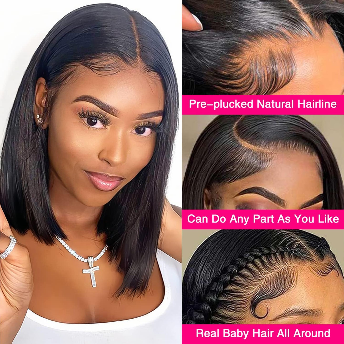 Hertune Bob Wig Human Hair 13x4 Frontal Lace Wig Human Hair 180 Density Glueless Pre Plucked with Baby Hair Straight Bob Wigs for Black Women 180% Density Pre Plucked Natural Color 12 inch
