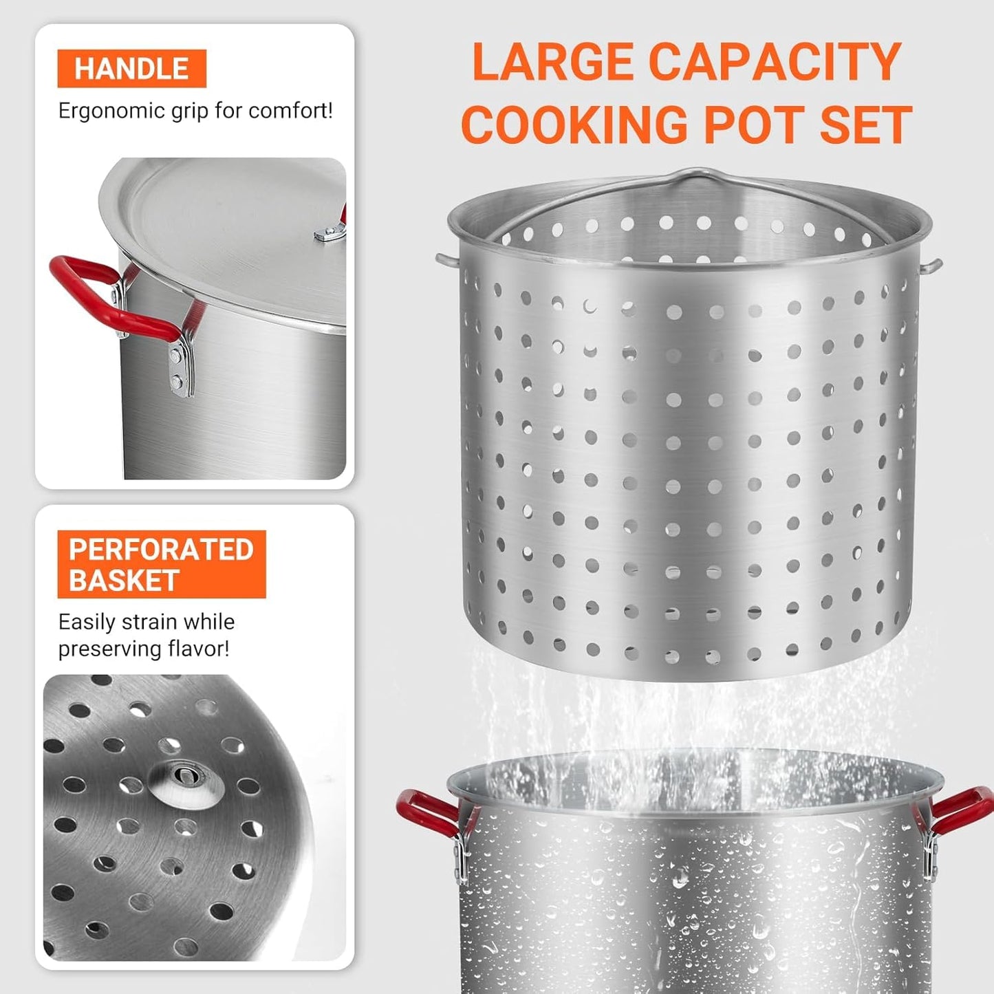 60-Quart Aluminum Seafood Boil Pot Kit with Steam/Boil Basket & Strainer, 110,000 BTU Propane Jet Burner & Lifting Hook, 10 PSI Regulator, Outdoor Crawfish, Shrimp, Crab Boiler and Fryer Combo