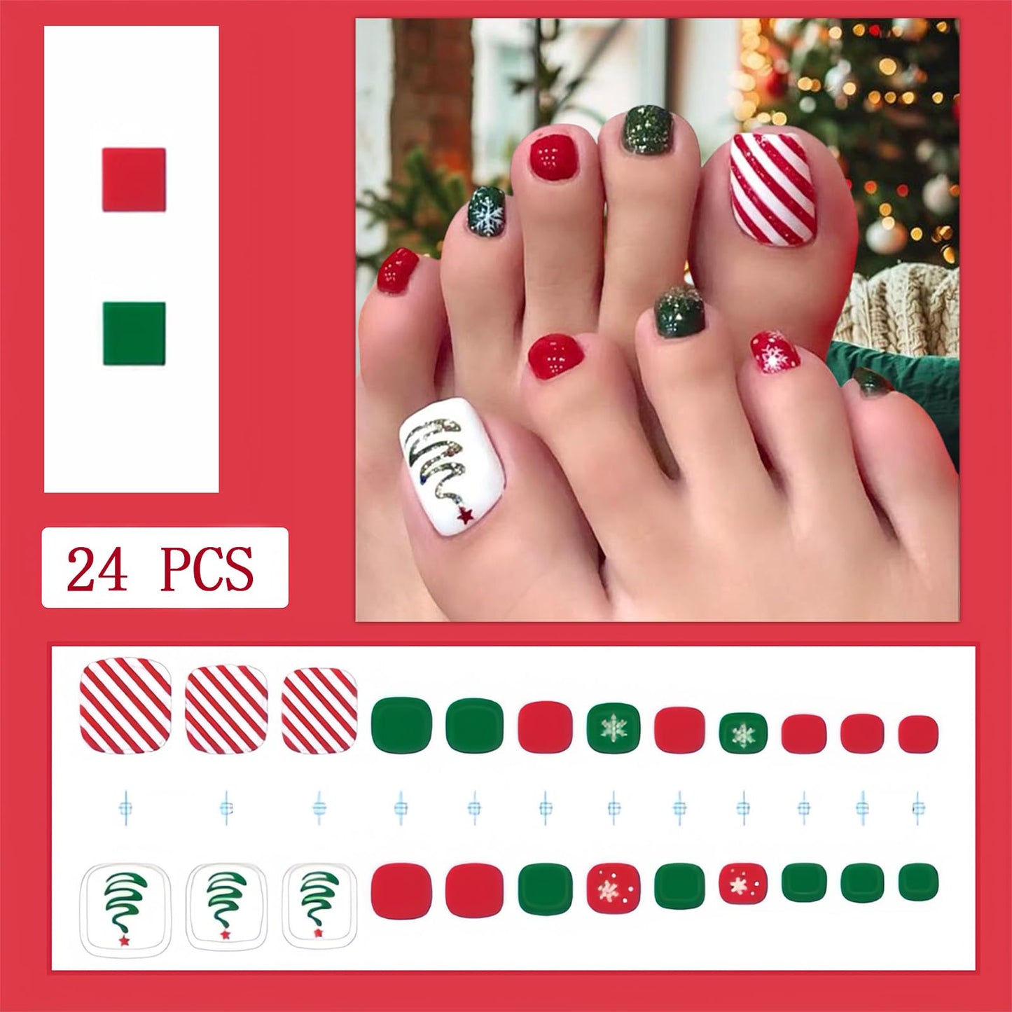 Christmas Glitter Press on Toenails Short Square Fake Toenails Glitter Christmas Tree Toe Nail Tips Snowflakes False Toenails Full Cover Glossy Christmas Toe Manicure Decorations for Women 24Pcs