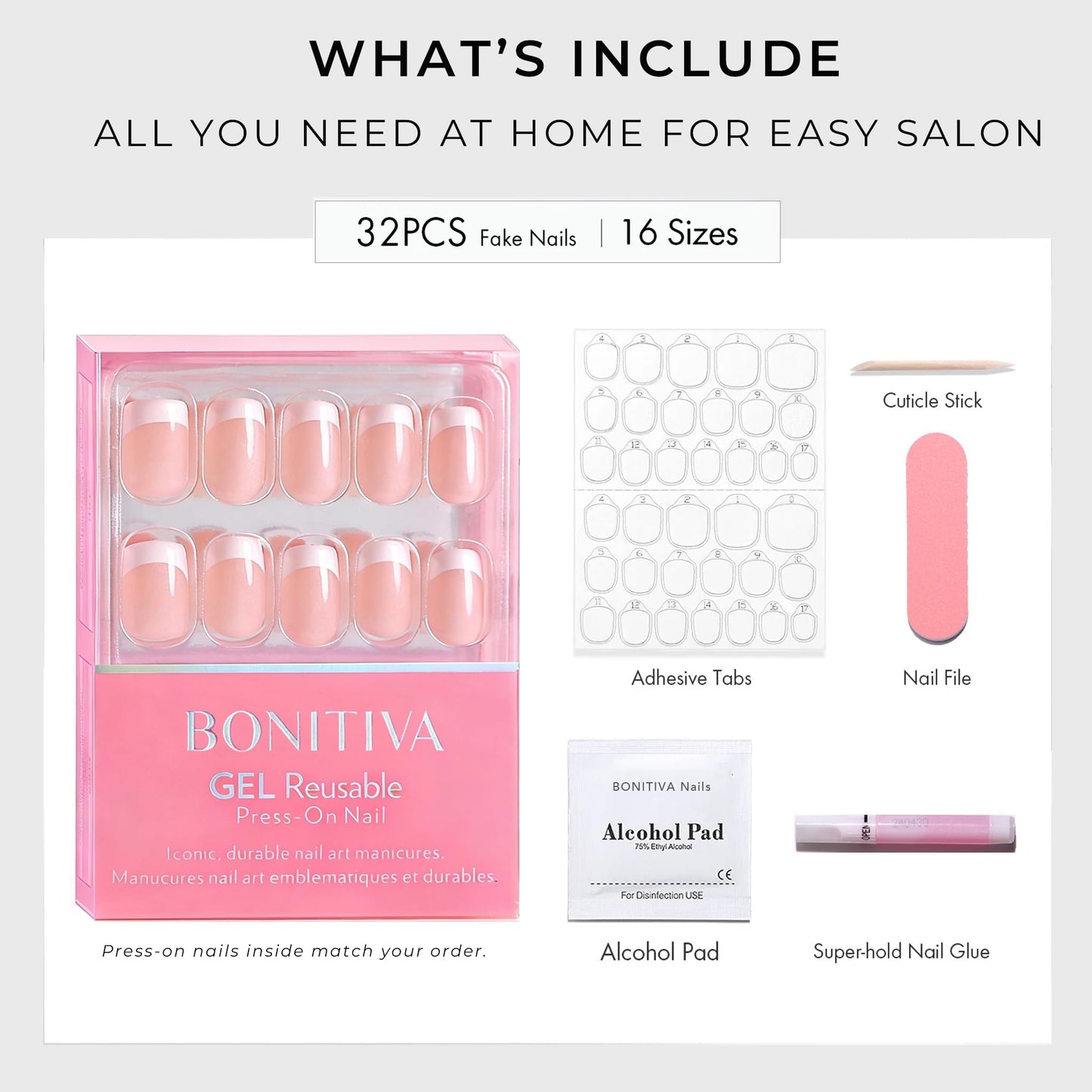 Bonitiva Short Square Press On Nails, Glossy Nude Soft Gel Reusable, 32PCS 16 Sizes, Salon Quality Long Lasting Fake Nails with Nail Glue & File Kit for Women Girls, Daily Wear