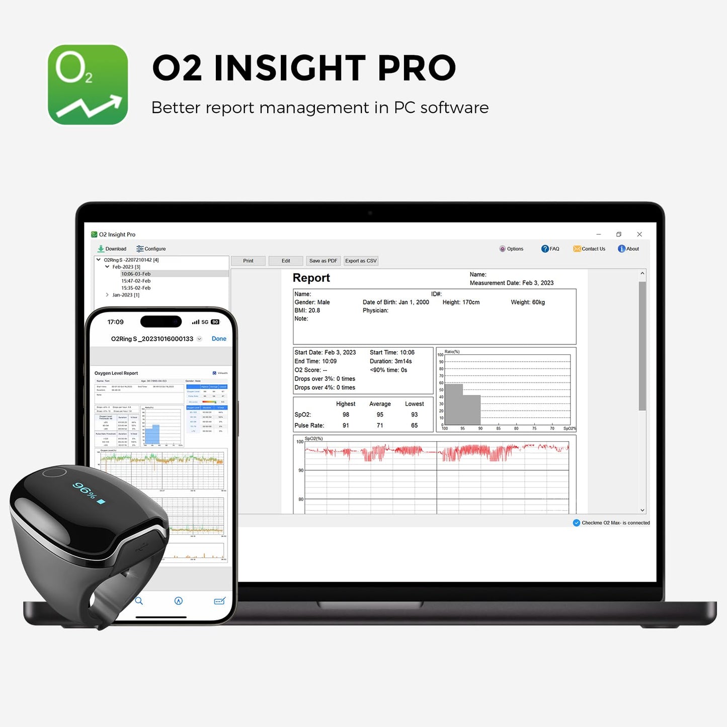 Wellue O2Ring-S Oxygen Monitor with Vibration Reminder, Bluetooth Pulse Oximeter Tracks SPO2 and Pulse Rate, 24 hrs Battery Life, 4*10 Hours Built-in Memory, Rechargeable Pulse Ox with Free PC & APP