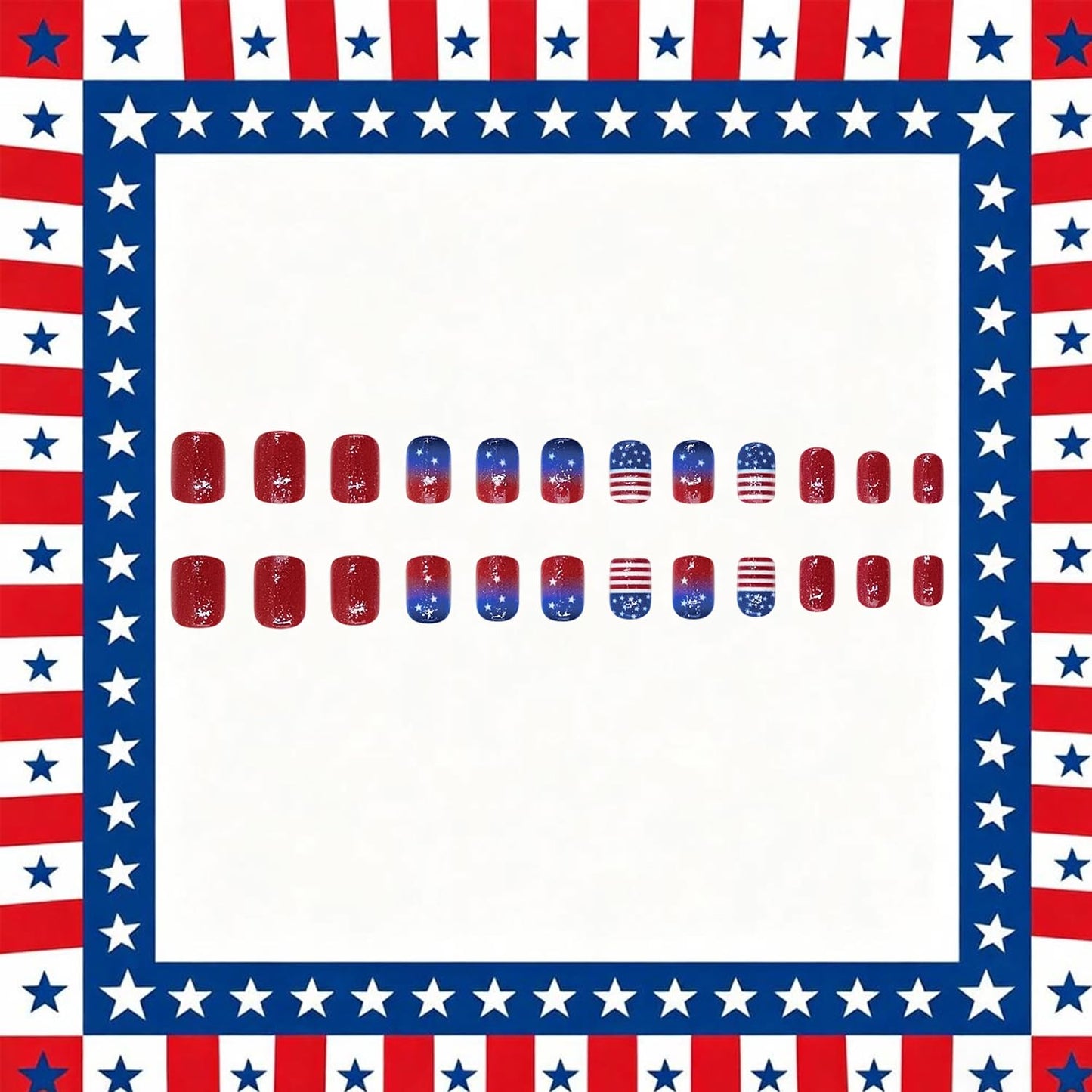 Independence Day Press on Nails Short Square Acrylic Nail Gradient American Flag with White Stars Glitter Fake Nails Patriotism 4th of July Press Ons Artificial Fingernails for Women Festival Manicure