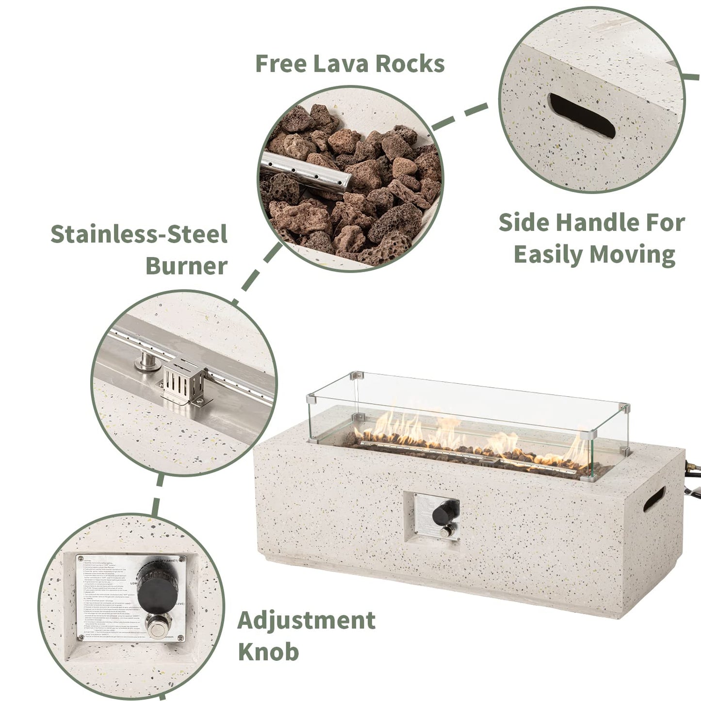 COSIEST 2-Piece Outdoor Propane Fire Pit Table Set w Tank Table, 42" Terrazzo Rectangle Fire Table (Certified, 50,000 BTU) w 16" Tank Cover Side Table, Wind Guard, Rain Cover for Garden, Pool