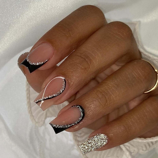 Gifiky False Nails- Swirl Press on Nails Short Coffin Nails Tips Glitter Nude Fake Nails for Women and Girls 24Pcs
