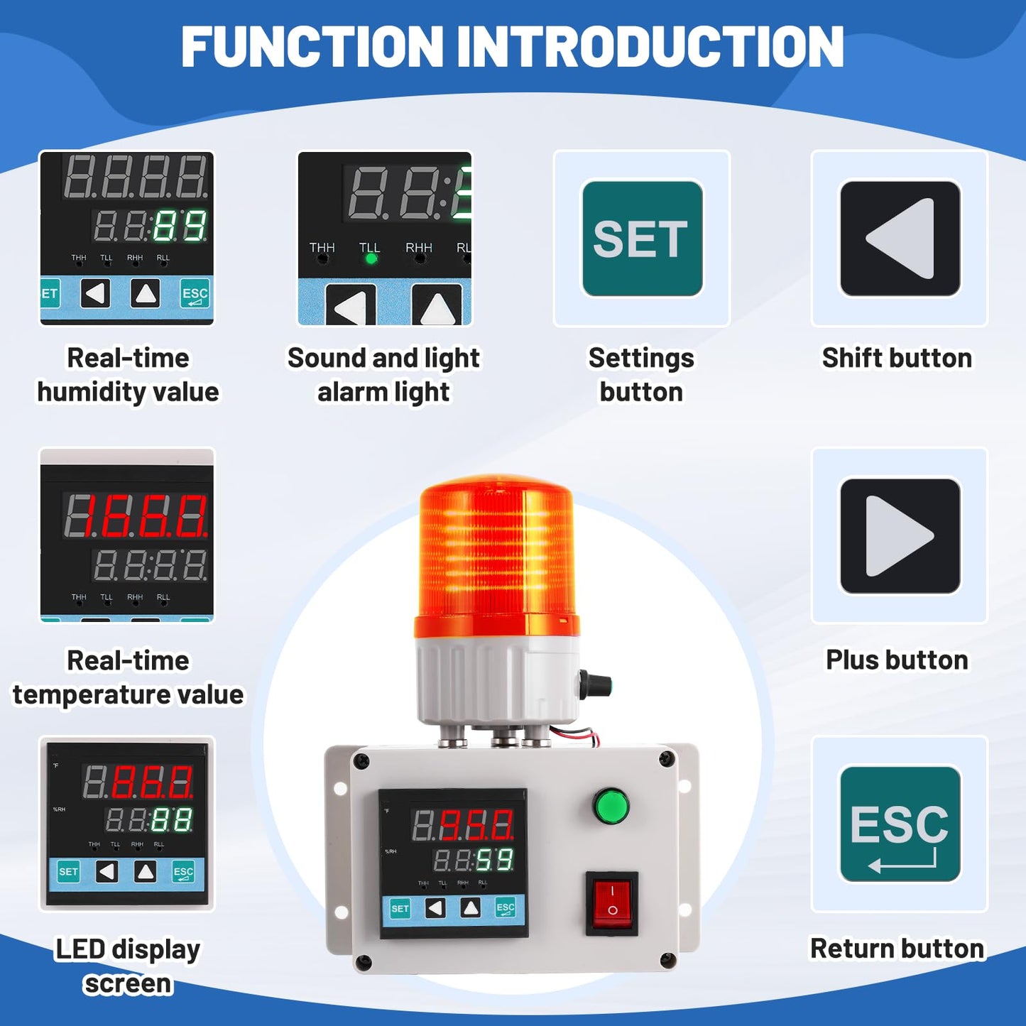 JIAWANSHUN Industrial Temperature Humidity Alarm, -40-185℉&0-100%RH,Thermometer Hygrometer Monitor with Independent Alarm Setting,Sound Light Alert & Calibration for Greenhouse,Lab,Cold Chain&Granary