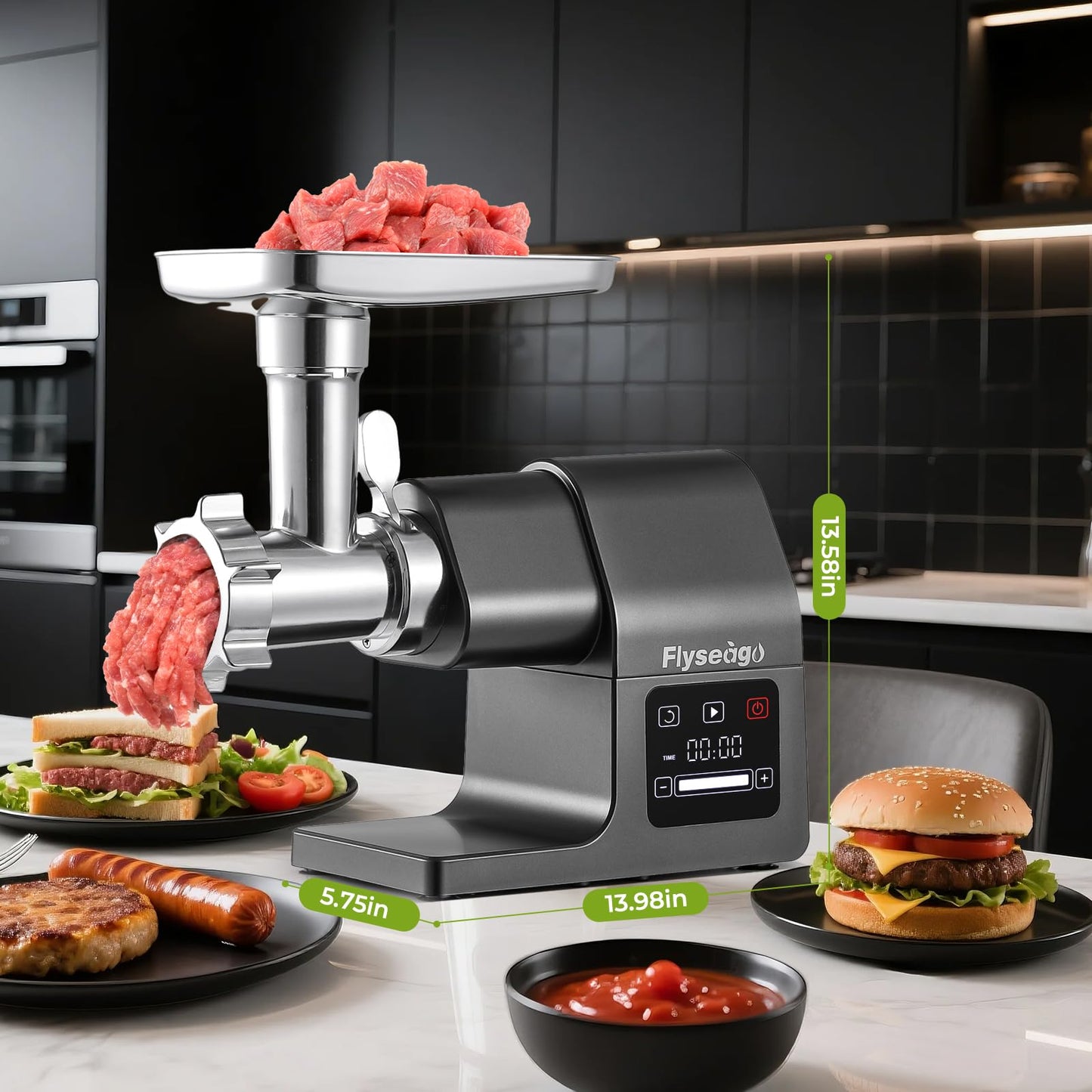 Flyseago Multifunctional Meat Grinder Electric 3200w Digital Touch Control Commercial Heavy Duty Meat Grinder, Veggie Slicer, Ice Cutter Sausage Stuffers and Kubbe Kit for Household Use & Commercial