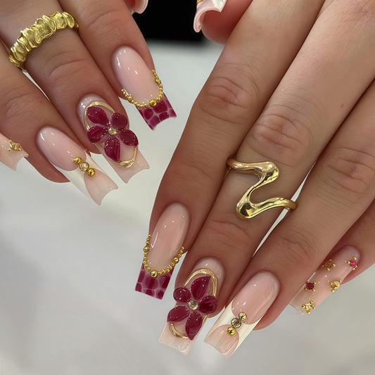 OCTOSWAVE Press on Nails Long Square 3D Flower Fake Nails with Rhinestones French Tip False Nails for Women DIY Manicure 24 Pcs