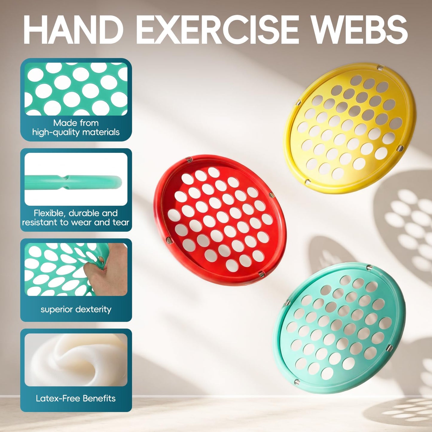 Finger Exerciser, Hand Exercise Webs for Physical Therapy, Hand Grip Strengthener, Grip Strength Trainer, Portable Size, Latex Free, 7" Diameter (Green-Heavy)"