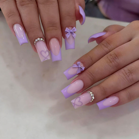 CTTHNBD Medium Press on Nails Coffin - Purple French Tip Fake Nails with Bow Charms Design - Heart False Nails Press ons - for Women 24 Pcs
