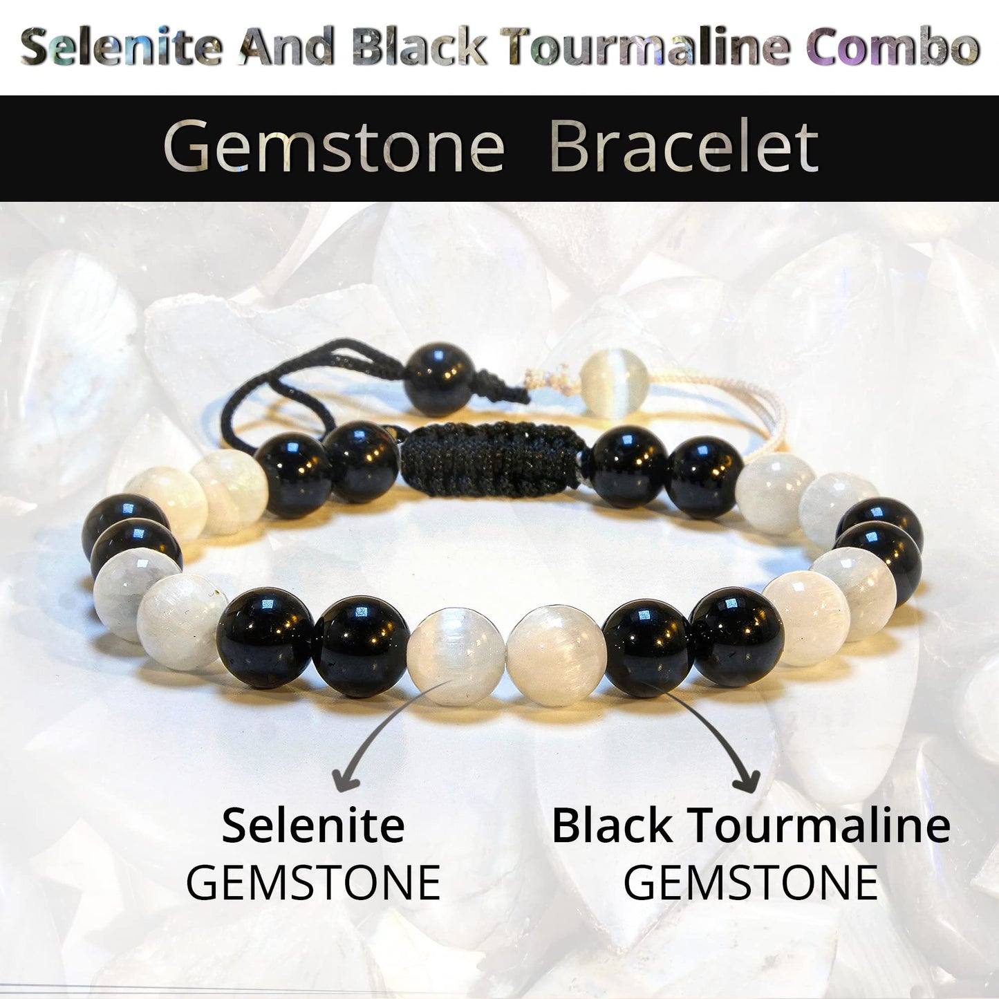 ANAYA AGATE Healing Crystal Bracelet – Chic Gemstone Bracelet for Men and Women – 8mm Round Bead Bracelets for Spiritual Healing, Protection, Positive Energy - Selenite Black Tourmaline