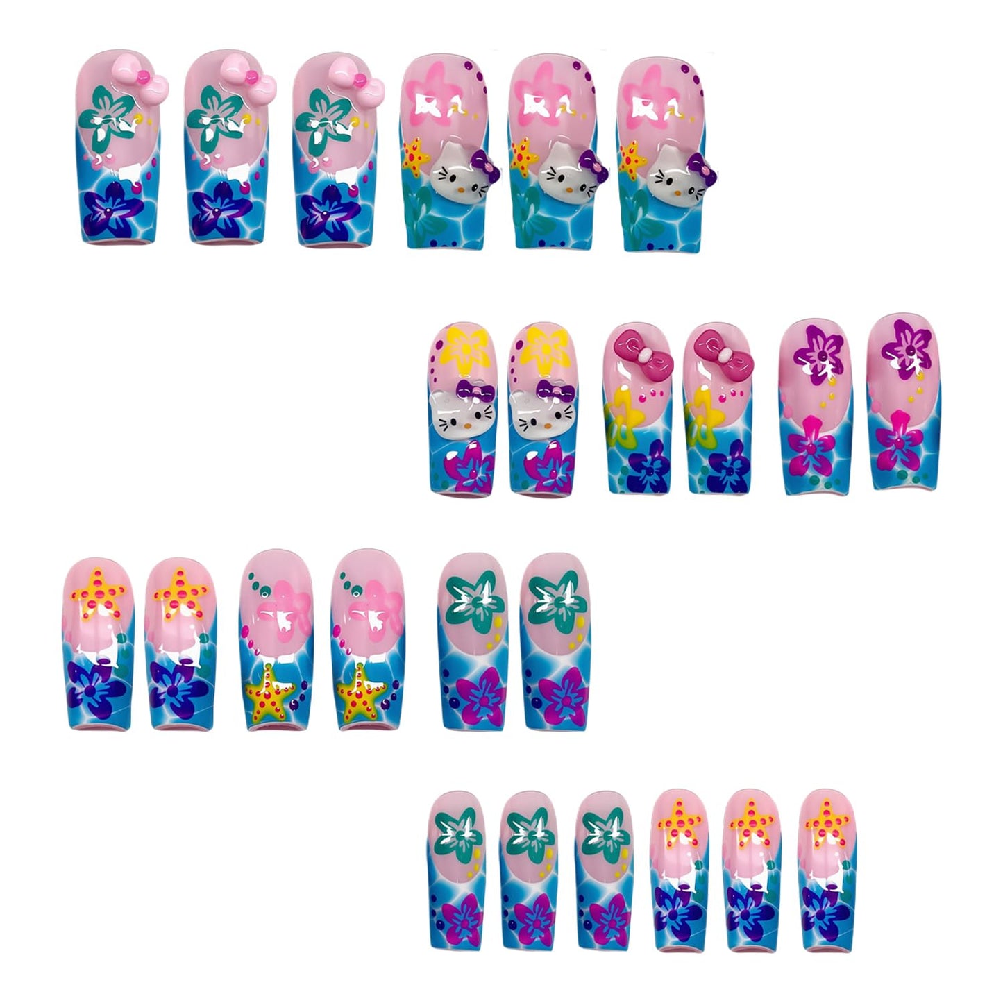24Pcs Summer Press on Nails Long Coffin Fake Nails with Cute Bow Designs Summer Beach Acrylic Nails Starfish Hibiscus Flower Acrylic Nails Cute Cartoon French Tip Full Cover Glue on Nails for Women