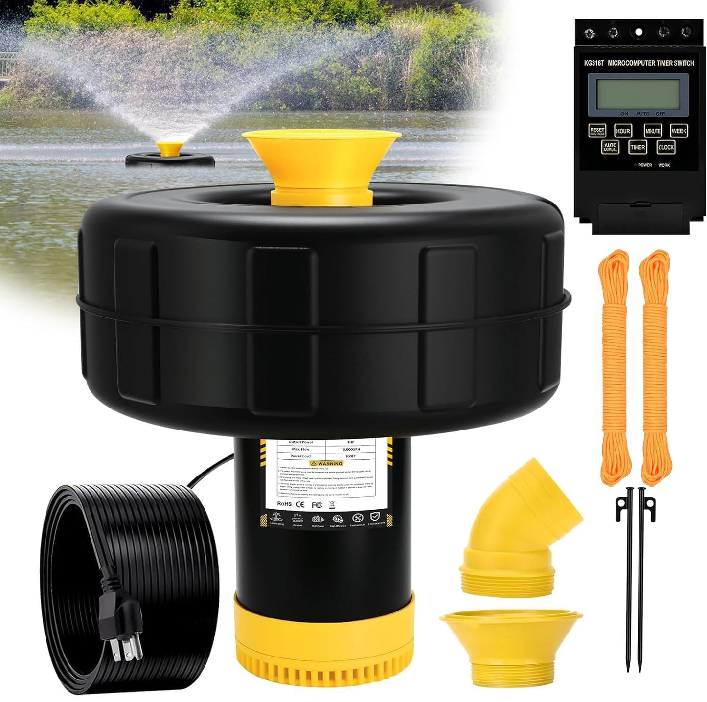 Schupethauer Pond Fountain Aerator, 1HP 110V 750W 15000 GPH PowerfuI Floating Fountain Pump, Unpack and Deploy, with 100FT Power Cord, Timer, Aerating Fountain for Large Ponds Lakes Jet System