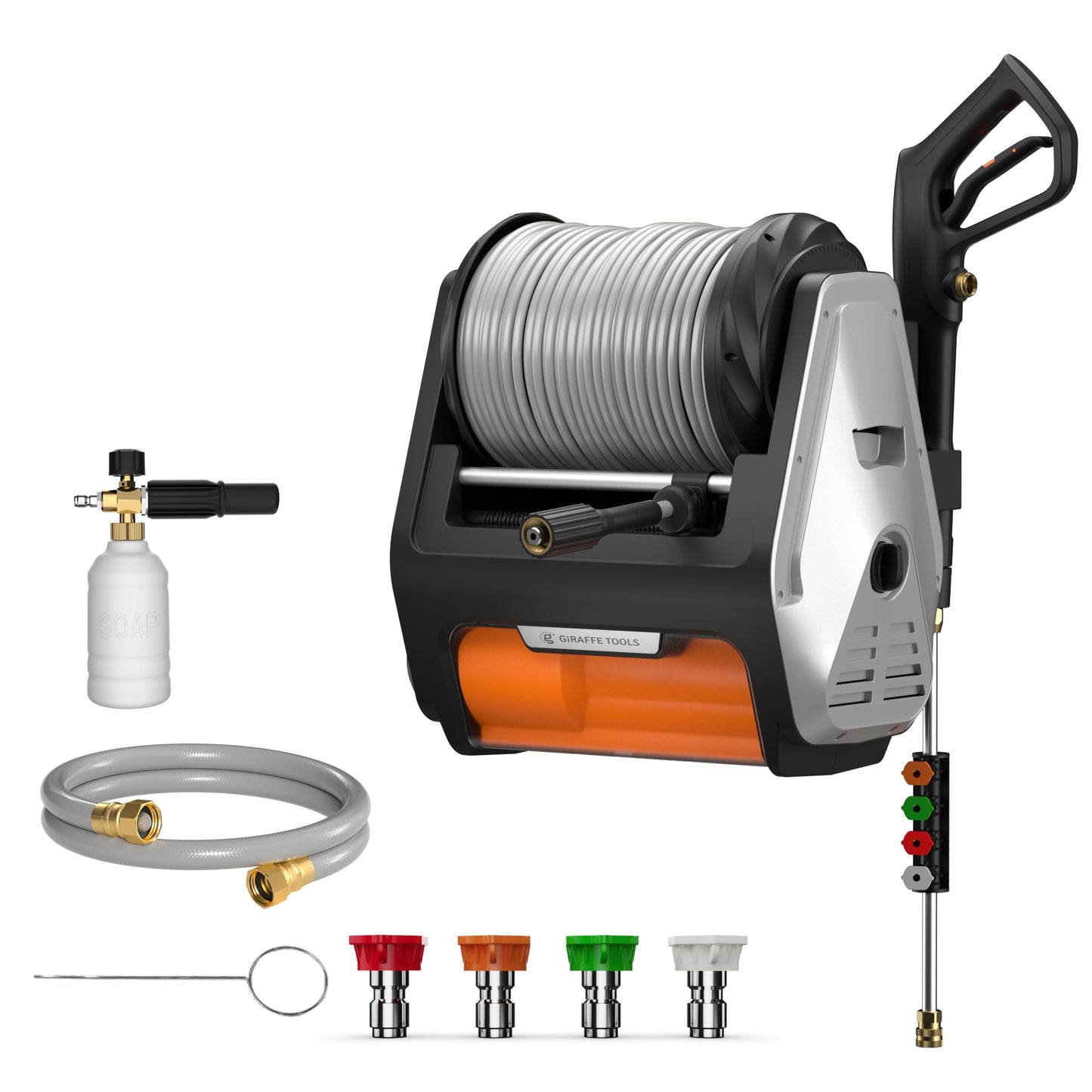 Giraffe Tools Grandfalls Retractable Wall Mounted Pressure Washer Pro, 3700 PSI, 1.6 GPM Electric Power Washer, Automatic Rewind, 100ft Pressure Hoses, 5 Nozzles for Cars/Fences/Patios, Light Silver