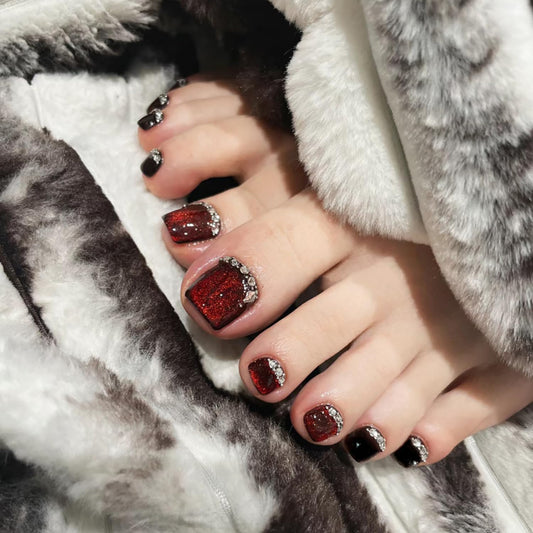 Vezocim Cat Eye Color False Toenails Sets, Press on Toenails Coffin with Rhinestone Designs, Full Cover Artificial Acrylic Fake Nails for Toe, Glue on Toenails with Charm, Stick on Toe Nails for Women