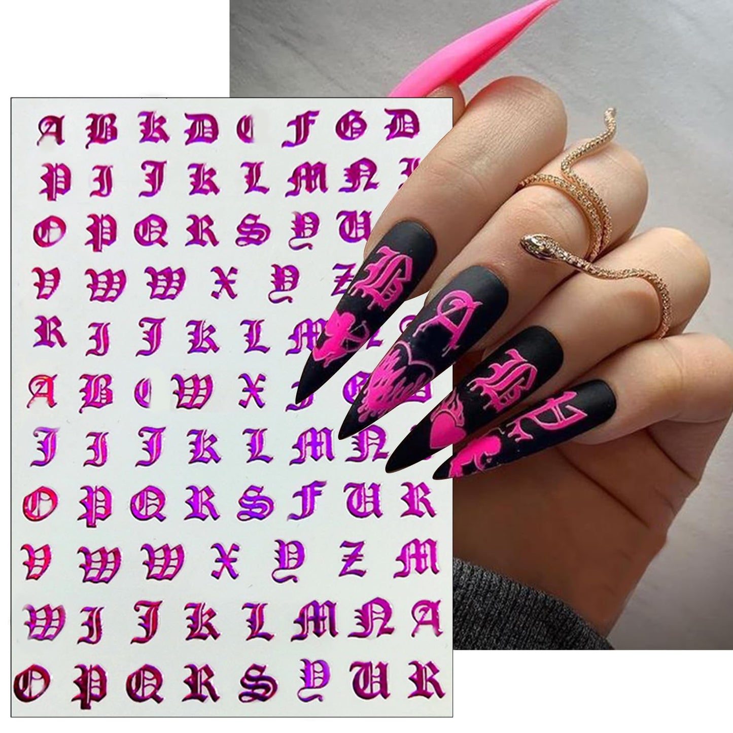 8 Sheets Old Letters Nail Art Stickers Decals Black White English Character Nail Decals Laser Glitter Gold English Alphabet Nail Art Design Letters Words Nail Sticker Nail Decoration for Women Girls
