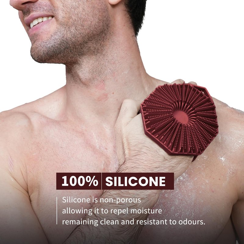 iTokGoK® Premium Silver-Infused Double-Sided Design 2-in-1 Silicone Body Brush Scrubber,Body Buffer Scrubber for Sensitive Skin, Ergonomic No-Slip Handle, Long-Lasting & Easy to Clean - Burgundy