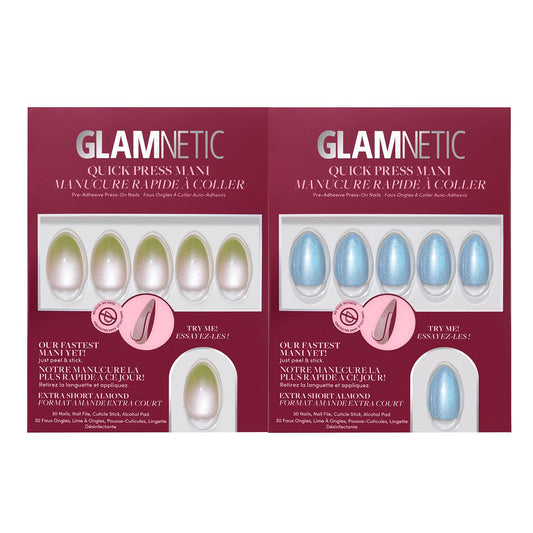 Glamnetic Quick Press Mani Bundle - No Glue Press On Nails, Just Peel and Stick | Lime Beam & Ocean Prism | Mess Free Salon Quality Stick On Nails | Almond Extra Short Nails