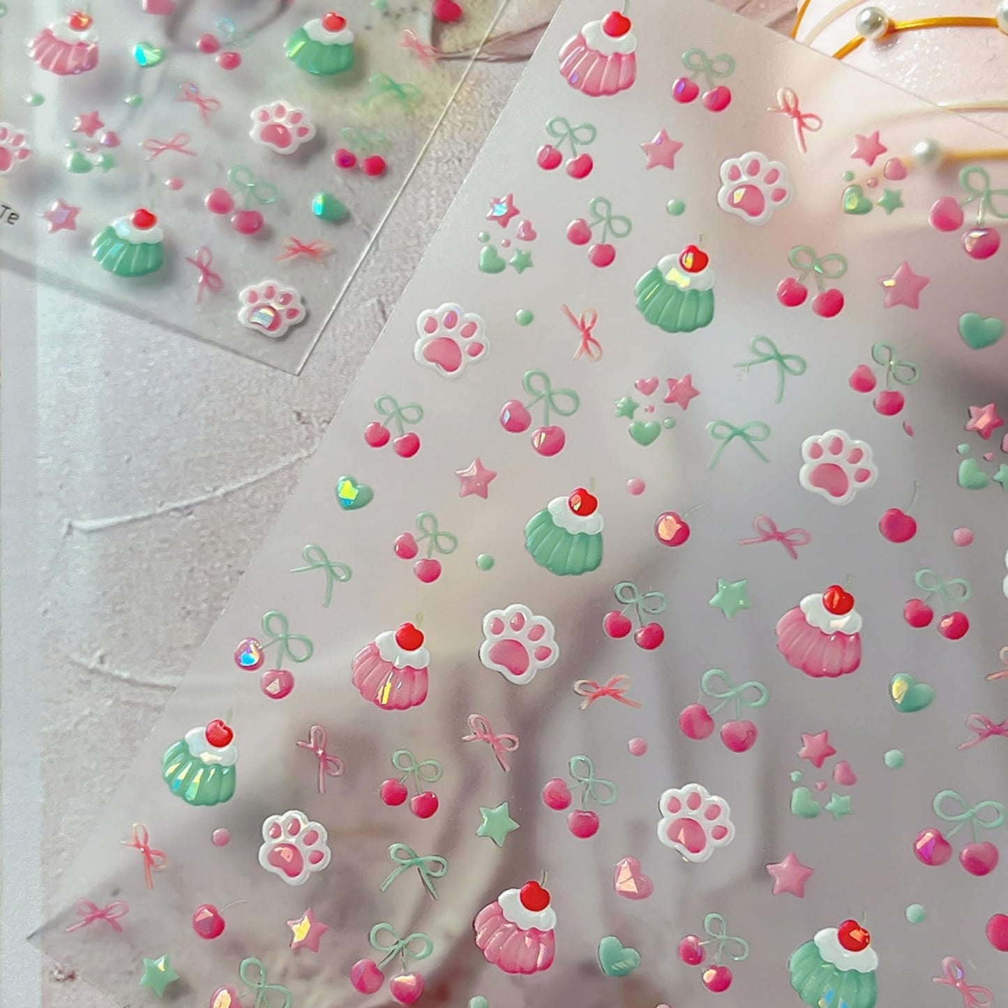 Cake Nail Art Stickers Cute Nail Sticker with Charms Jerry Design Cherry Bow Nail Decals 5D Embossed Self Adhesive Nails Art Decals for Women Girls Manicure Decorate