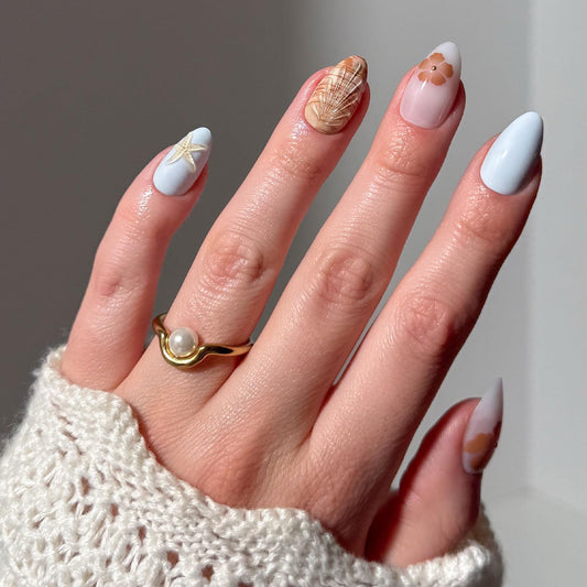 Glamnetic Press On Nails - Sea Star | Short Almond Seashell Fake Nails with 3D Nail Art, Salon Quality | 15 Sizes - 30 Nail Kit with Glue