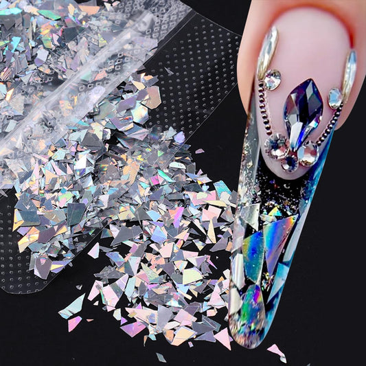 Sparkly Irregular Chunky Glitter Sequin Nail Charms for Nails Design Aurora Laser Silver Glitter for Nails Glitter Flakes Holographic Iridescent Glitter Nail Sequins for Crafts Nail Art Supplies