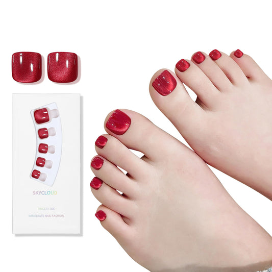 Cat Eyes Press On Toenails,14 Sizes-28 Pcs Soft Gel Red Short Square Fake Toenails Kit with Toenails Glue, Natural Reusable Stick On False Toenails for Women and Girls (Skycloud Red Toenails) SK0753